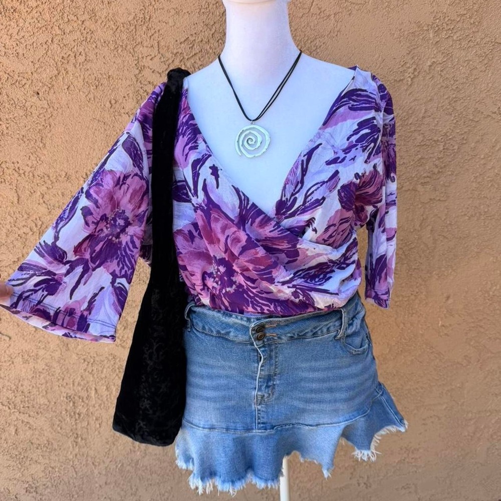 Jessica London purple floral blouse with bell sleeves